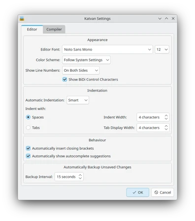 Screenshot of the editor settings dialog